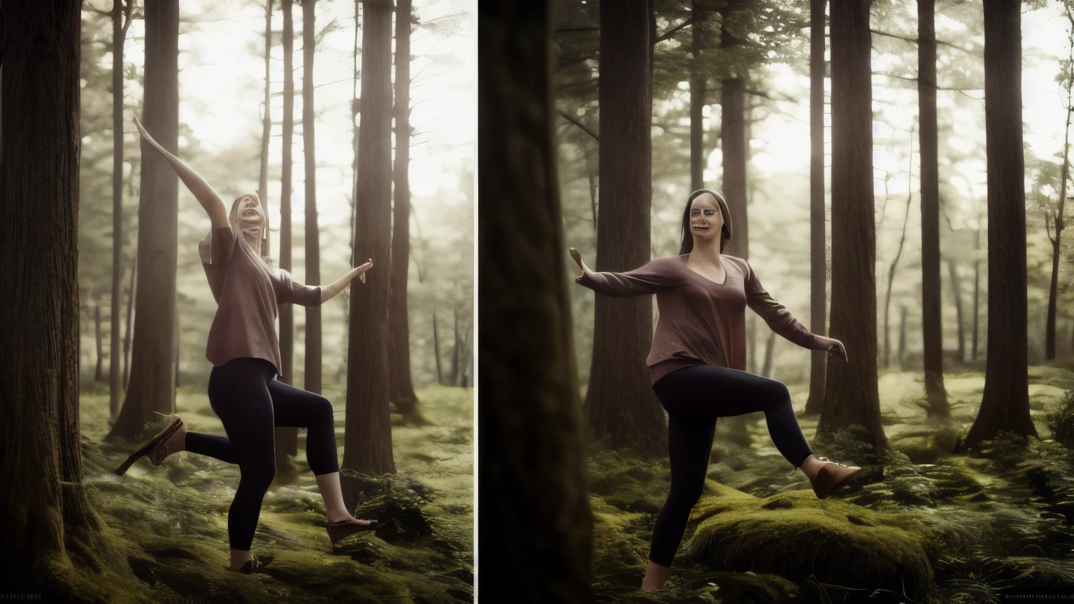 hyper ultra realistic photographs full body of A nimble hiker, perched atop a moss-covered rock in a sun-dappled forest, tests their balance by playfully hopping from one foot to the other. Their laughter echoes through the trees as they enjoy the playful dance with gravity. ratio 16:9, 4k, 8k resolution, High quality photo, high detailed, imagesharp focus, Cinematic lighting,hyperdetailed & Unreal engine, detail, realism, photography,cinematography, camera NIKON, lens NIKKOR flagship, masterpiece. hyper-maximalism, ultradetailed photorealistic, light skin imperfections, final render, vray, photo, fashion
