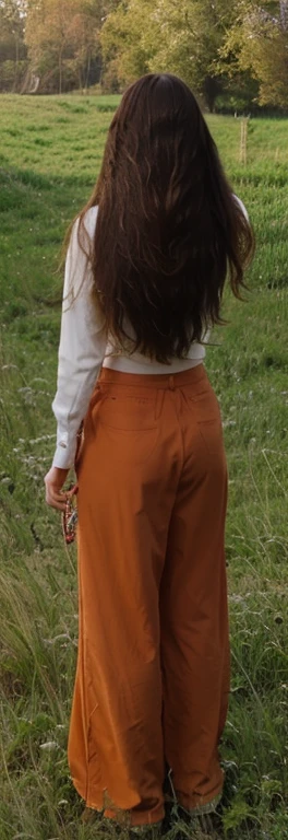 Straigthening the hair of the woman standing in the field. I want her hair very thin and straight. I want straightening totally