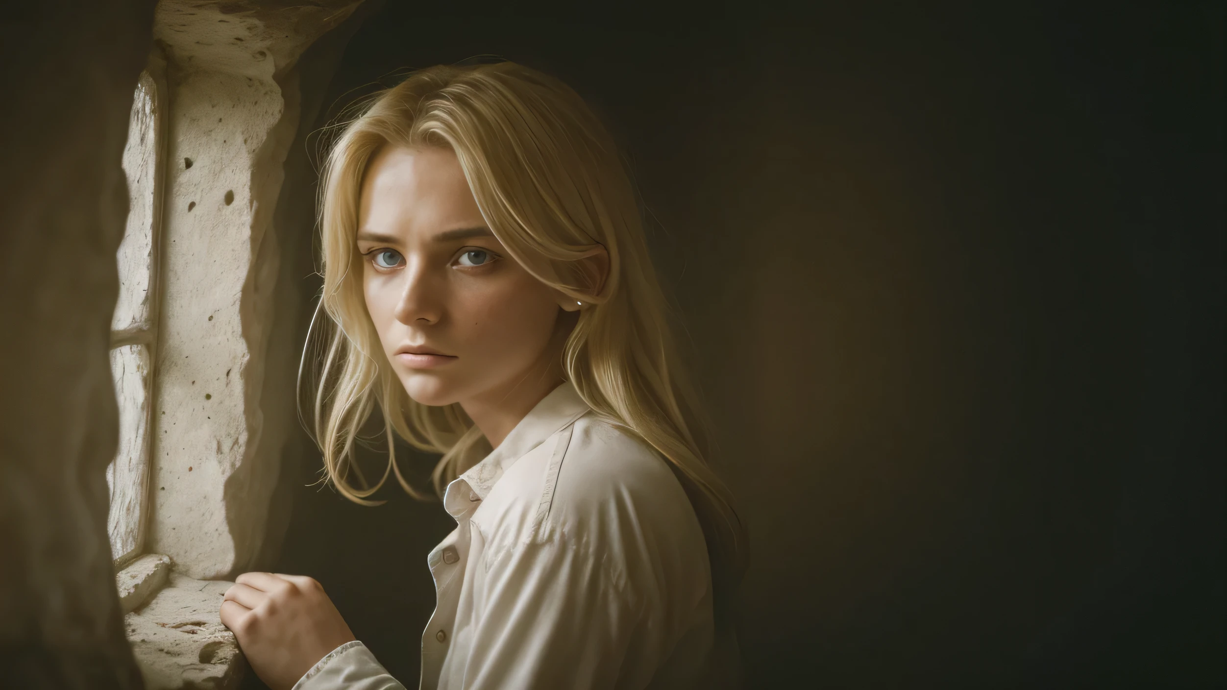 photograph of a woman, (troubled facial expression:1.1), textured skin, goosebumps, (blonde hair:1.2), (unbuttoned white shirt:1.2), distressed boyfriend jeans, long sleeves, (candlelight,chiaroscuro:1.1), cowboy shot, dark and mysterious cave with unique rock formations and hidden wonders, perfect eyes, Porta 160 color, shot on ARRI ALEXA 65, bokeh, sharp focus on subject, shot by Don McCullin, make up