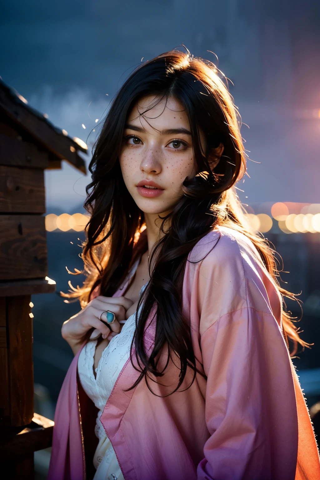 RAW photo,(masterpiece:1.3),(best quality,ultra detailed,intricate),professional photography,professional lighting,HDR,High Dynamic Range,(((photo realistic,ultra realistic,photorealistic,8k uhd))),beautiful and aesthetic,looking to the viewer,looking gorgeous,photo of beautiful 26 y.o woman, 4k uhd, high quality, dramatic, cinematic, (long flowy (ombre hair:1.2)), (freckles:1.2), imaginary floral patterns, mist of fragrance, noticeable shoes, the bird seed in her hands, growing into birds, giants shelter her body, intricate ornate structure, radiating, the night sky, deep dark shadows, hide new seasons, the woman is aware and watching us