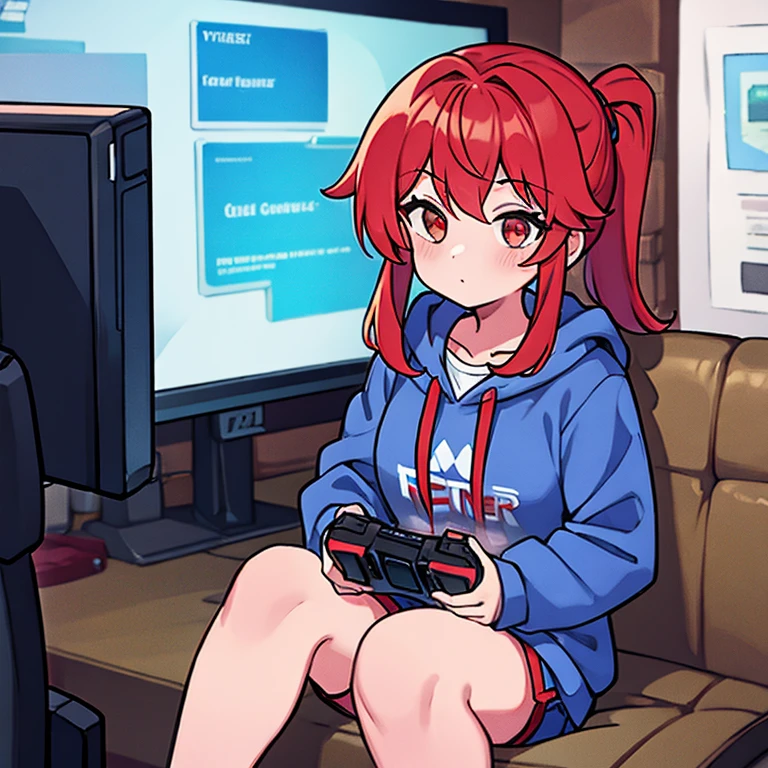 Girl with red hair tied up wearing a blue sweatshirt and shorts being a Youtuber doing live being a gamer