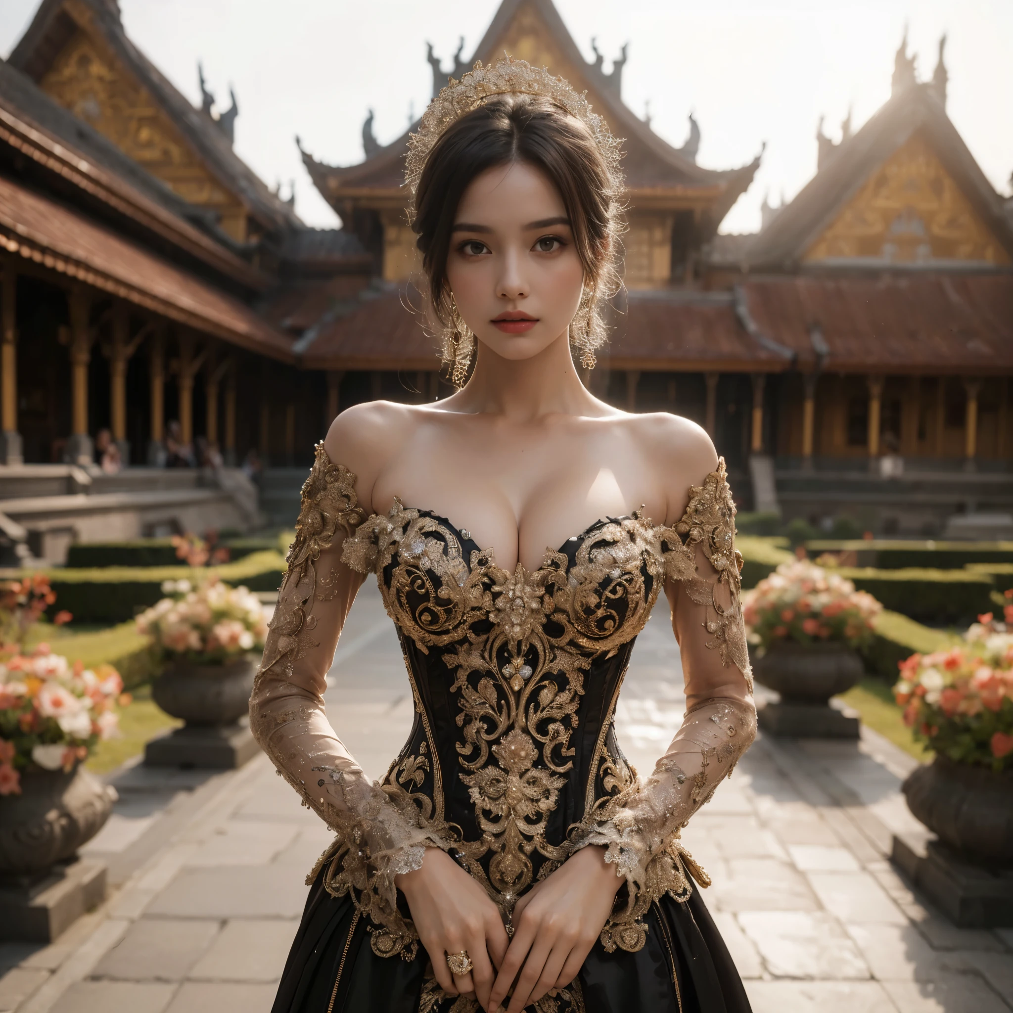 arafed woman with bustier gigantic breast in a corset and dress in front of a building, wearing an ornate outfit, ornate dress, intricate dress, elegant corset, ornate and elegant, extravagant dress, inspired by Hedi Xandt, ornate attire, intricate outfit, ornate royal gown, ornate clothing, ornate gown, intricate and elegant, intricate detailed dress, ornate , royal dress,  masterpiece, best quality:1.2),,(8k,highres,RAW photo,realistic,photo-realistic:1.3),(detailed skin texture,detailed cloth texture,beautiful detailed face:1.25),professional lighting,photon mapping,beautiful soft light,radiosity,physically-based rendering,raytracing, model shoot style, model shoot style, (extremely detailed CG unity 8k wallpaper), full shot body photo of the most beautiful artwork in the world,