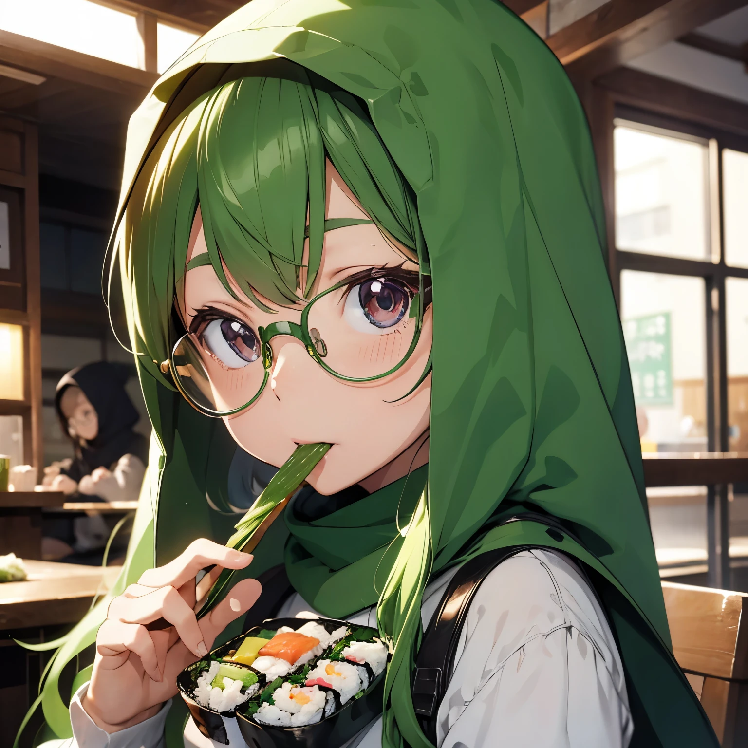 Cute anime girl, wearing hijab and glasses, eating sushi, green theme