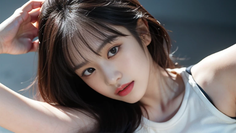 Highly detailed CG Unity 8k wallpaper, top quality, super detailed, masterpiece, realistic, photo realistic, very detailed cute girl, 25 years old, slim body, round eyes, viewer, blush, parted lips, half body shot , medium hair bangs,
sportswear , gym, down shot ,