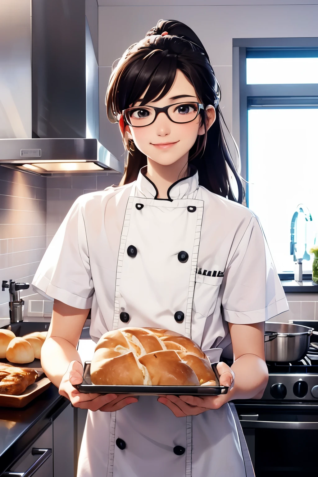 Beautiful girl, 16 years old, ponytail, facial hair, wearing glasses, smiling brightly, happily making bread, carrying a tray of bread into the oven, many kinds of bread in the tray, fragrant and delicious, (wearing cute chef (wearing a chef's hat)), in the kitchen, anime, high quality