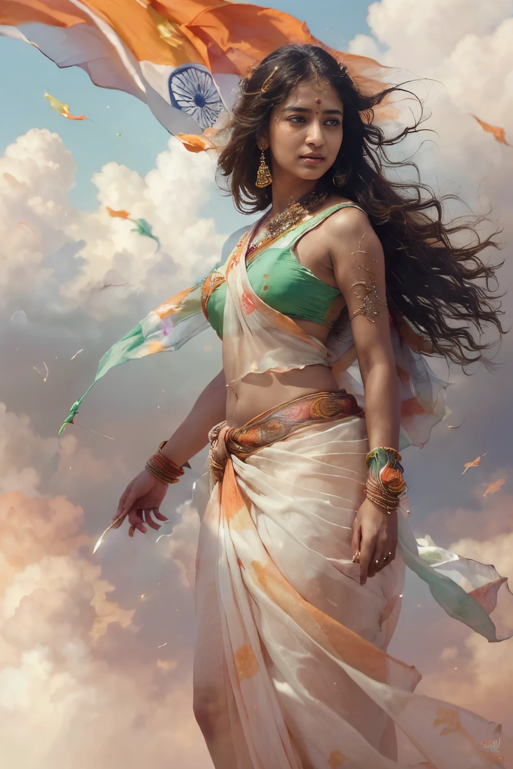 ((best quality)), ((masterpiece)), (detailed), (beautiful face), 1girl, Indian hindu girl, ((wearing indian flag as saree)), ((Indian flag waving in background)), patriotic, ethereal beauty, (fantasy illustration:1.3), captivating pose, partially naked, otherworldly charm, (Luis Royo:1.2), (Yoshitaka Amano:1.1), soft colors, (detailed cloudscape:1.3), (high-resolution:1.2)