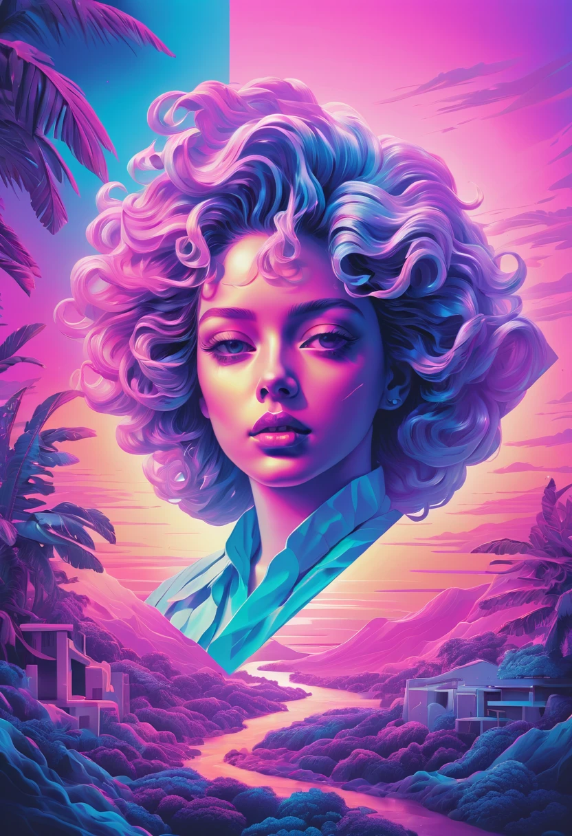 Vaporwave aesthetic pastel drawing, random directions theme, double exposure technique, hyper-detailed intertwining elements, dramatic lighting casting volumetric shadows adding mystery, high-contrast luminosity for a nostalgic feel, digital painting, 32K ultra-resolution.Vaporwave aesthetic