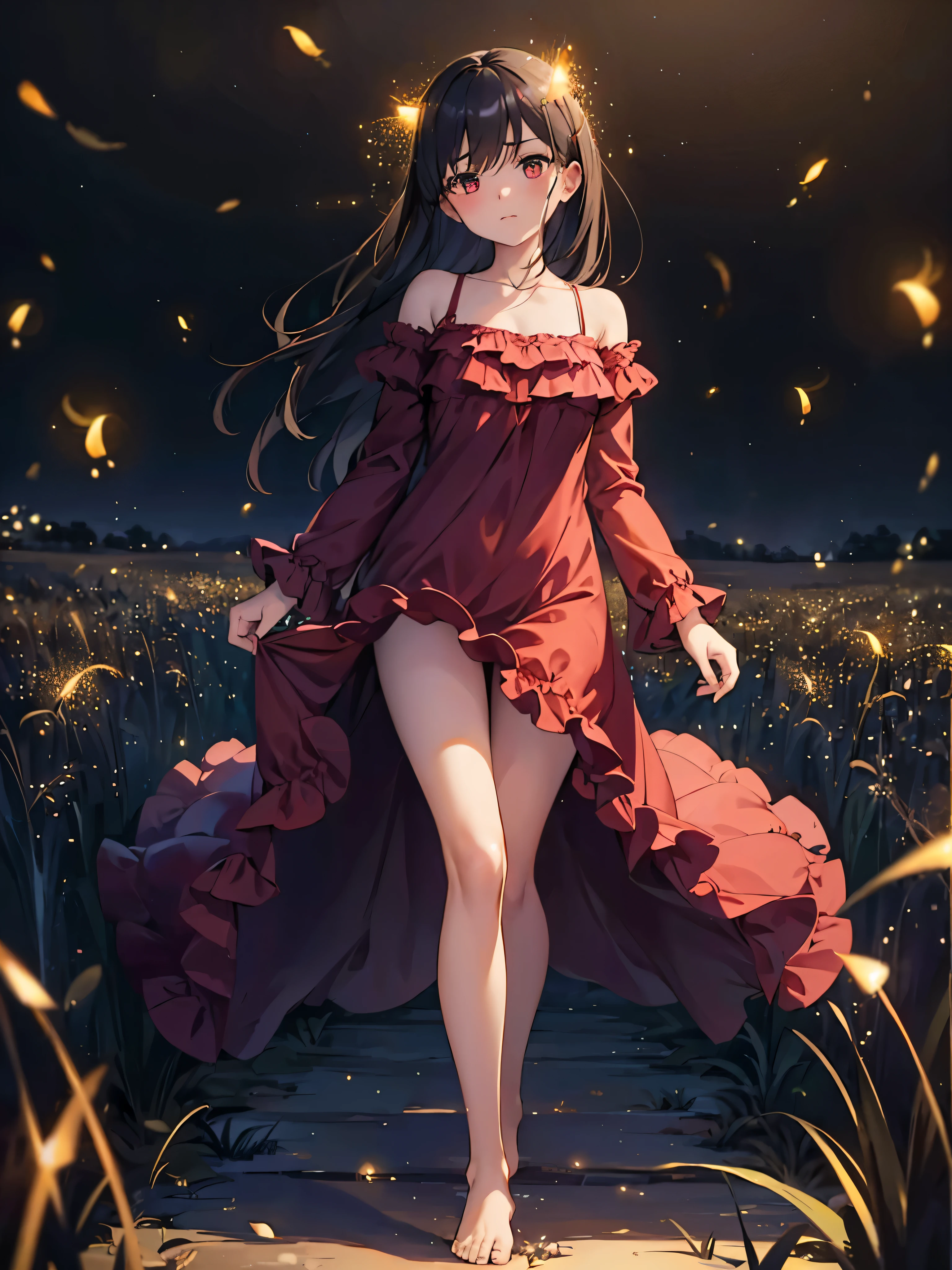 (masterpiece, best quality), perfect features, expressive eyes, detailed eyes, perfect face, (Gorgeous woman with red hear striking eyes wearing a frilly nightgown as she wanders through a field of reeds at night), ((fireflies twinkling in the darkness all around)), depth of field, daring skimpy night gown, seductive outfit, inquisitive look, walking barefoot through the reeds, nice legs, (athletic slim physique), (dark foggy night)
