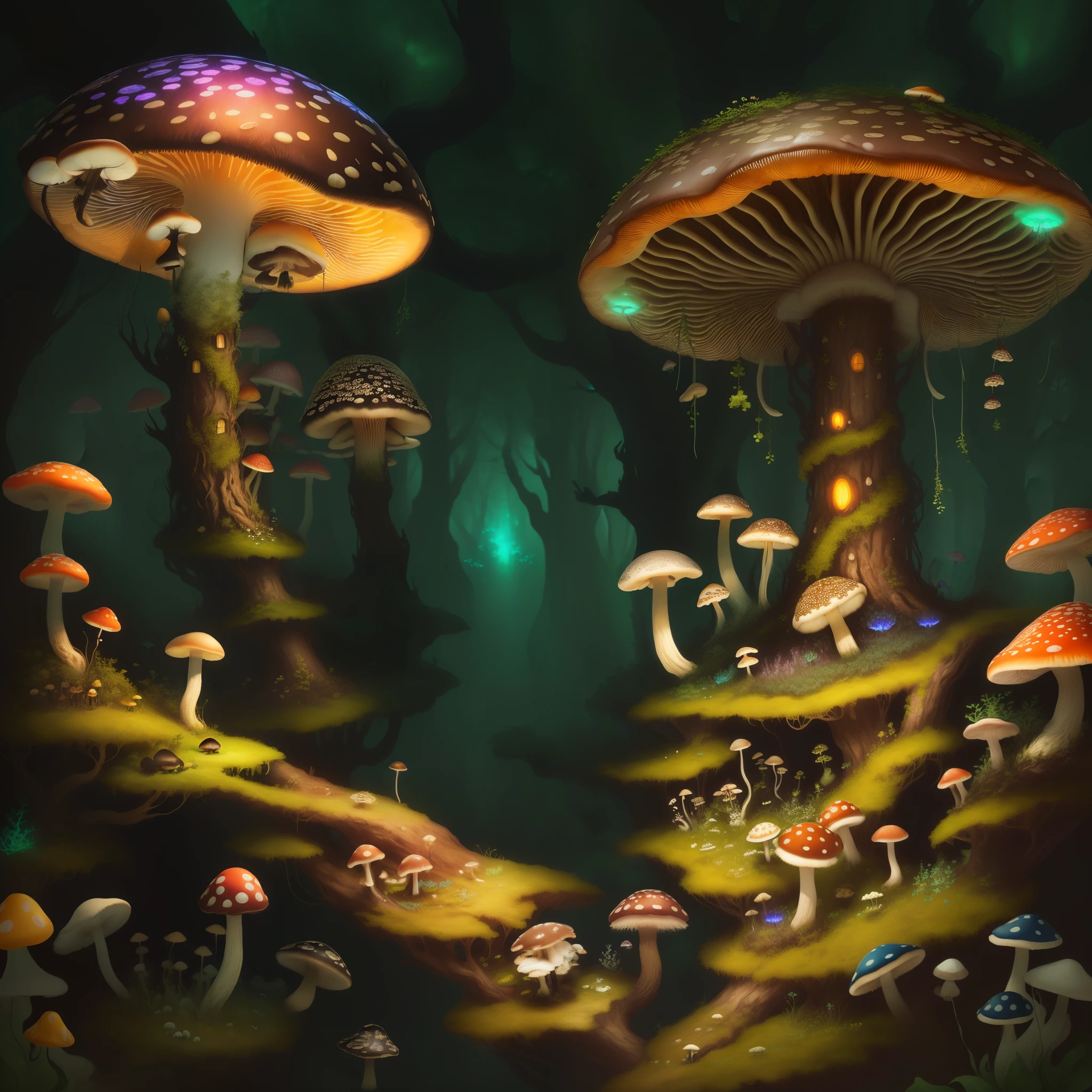 there are many mushrooms that are growing on the ground, mushroom forest, mushroom city, forest made out of mushroom, magic mushrooms, cyber mushroom city, psychedelic mushrooms dream, mushroom trees, underwater mushroom forest, magic mushroom, shrooms, steampunk forest background, glowing mushrooms, elf forest background, magical forest backround, enchanted magical fantasy forest, mushrooms, mushrooms milky way
