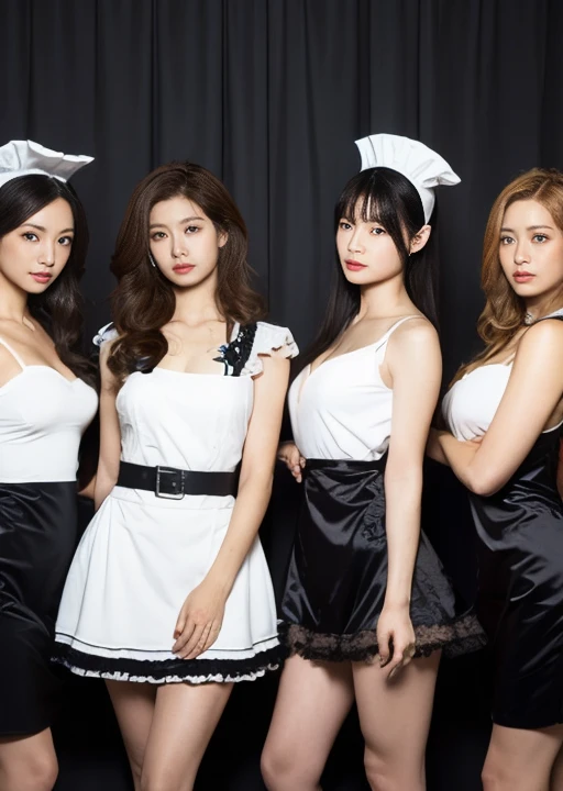 (Full Body of Extremely Detailed((y Maid Group in a row:1.37))), KAWAII perfect face, Reflective Eyes, Detailed(Delicate Clothing textures), Correct Leg Line, Dynamic Joyful Expressions LifeLike Rendering, Specular Reflection, TopQuality 8K Ultra-detailed masterpiece (ProfessionalPhoto:1.37), (Acutance:0.8), (Luminism:1.28), (Renaissance art style), Colorful Light particles, ((Full body from side)), {Kissing|Thigh Gap|AssFocus|(Nakon with Overflowing SideBoob)|[Gold NippleSt, Radiant Fine Skin with Transparency, (Exposed:0.4), (Different types of Anime hair color){Pink Hair|LitghtBlue Hair|Platinum Blonde|Pure White Hair|Liquid Hair}, Perfect Lighting