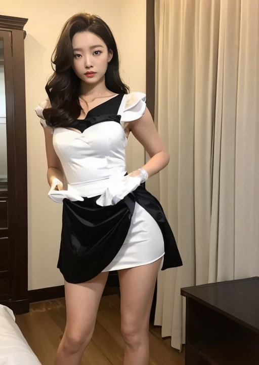 State Guest House、maid costume、open chest、セクシーなmaid costume、full body shot、A woman with the same face as last time(misaki),4K、1people's women、slender、 Loose wavy styling 、seductive and attractive,Including face and skin texture,detailed eyes、a seductive look