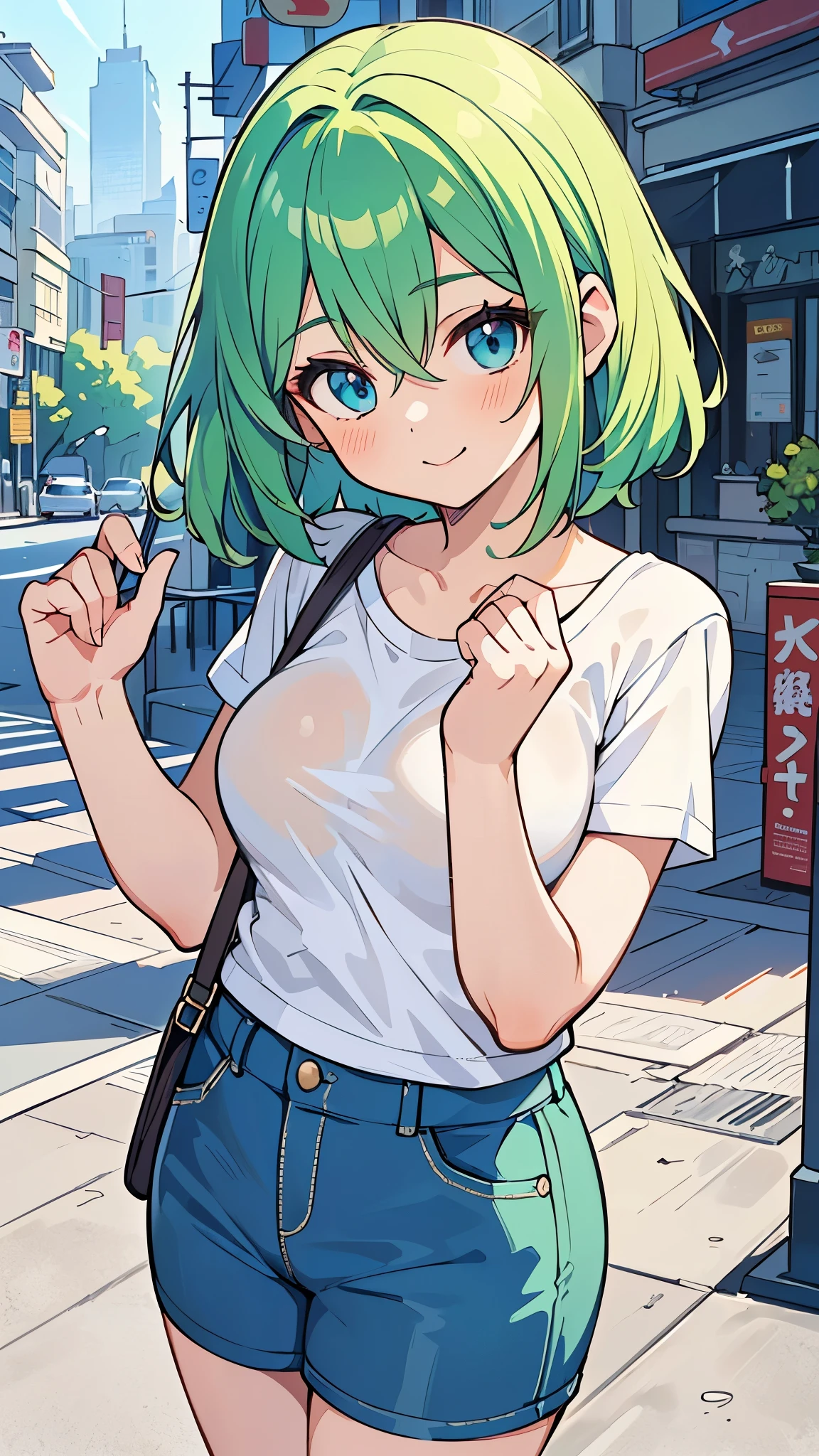 ((A Pretty girl with green hair and blue eyes)), ((Wearing Plain white T-shirt and hot pants)), , ((master piece, top-quality, ultra-definition, high resolution)), anime girl, ((ultra-detailed illust:1.2)), only one person, bangs, hair between eye, beautiful hair, Beautiful eyes, Medium breasts, Big smile, cityscape