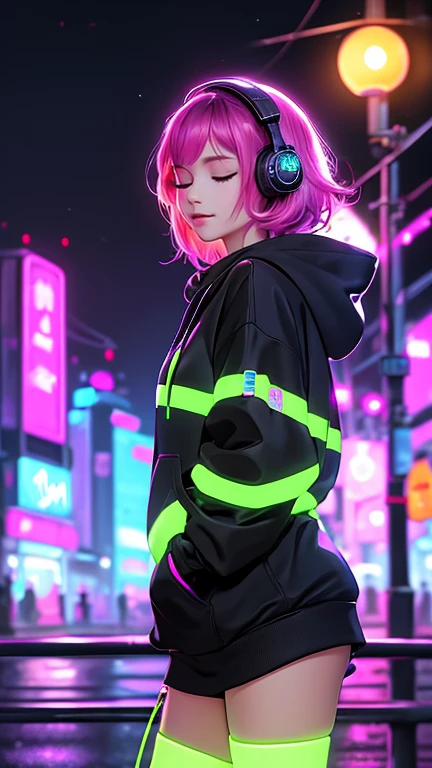 A female wearing headphones,bob hair, eyes closed, slight smile, hands on ear, hoodie, night, neon city background, surreal, best quality digital painting