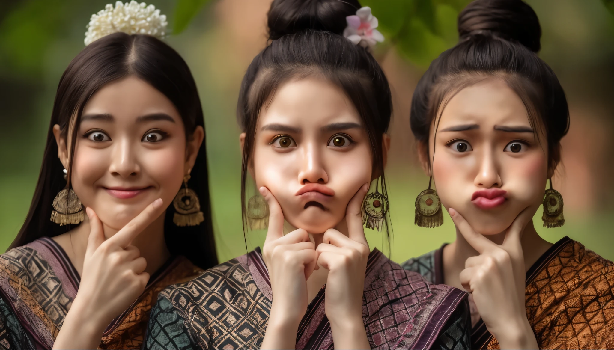 portrait photograph, 3 asian young womans (difference funny face or roll her eyes or pout her lips), doing random gesture, wears thai costume. white background and nature background, depth of field, 32K, HDR.