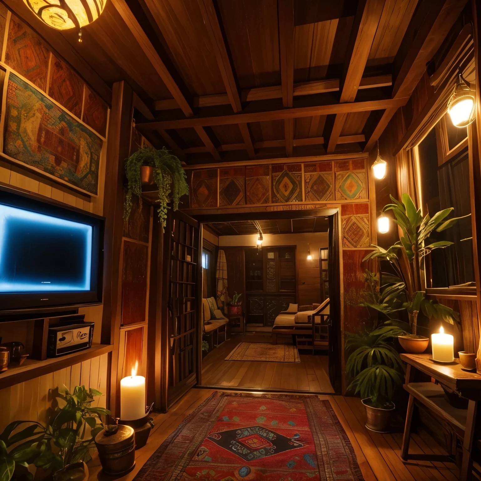 bohemian style house But the house is classic from the 80s, with an old TV, a bohemian sign, and a red Indian style mixed with Northern Thai and Lanna elements. But mixed with Peru, the atmosphere, herbs swirling around, a spa, scented candles, and man-eating plants.