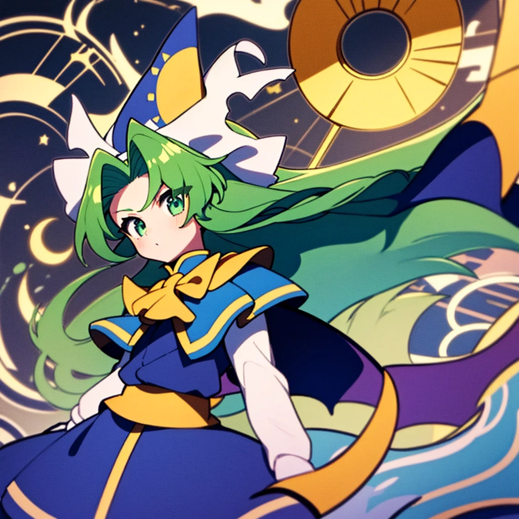 masterpiece, best quality, 1 girl, , , 10 years old, blue hat with a yellow sun pattern, long green hair, blue cape, blue cloak, blue clothes, white long sleeves, yellow ribbon, shoot from front