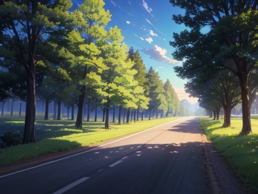 Picture of a country road with trees and fields, a picture by Makoto Shinkai, pixiv, american scene painting, anime countryside landscape, beautiful anime scenery, anime scenery wallpaper, Beautiful peace scenes in anime, anime scenery, anime nature, beautiful anime scene, Ross Tran. scenic background, landscape artwork, Anime background art, studio glibly makoto shinkai