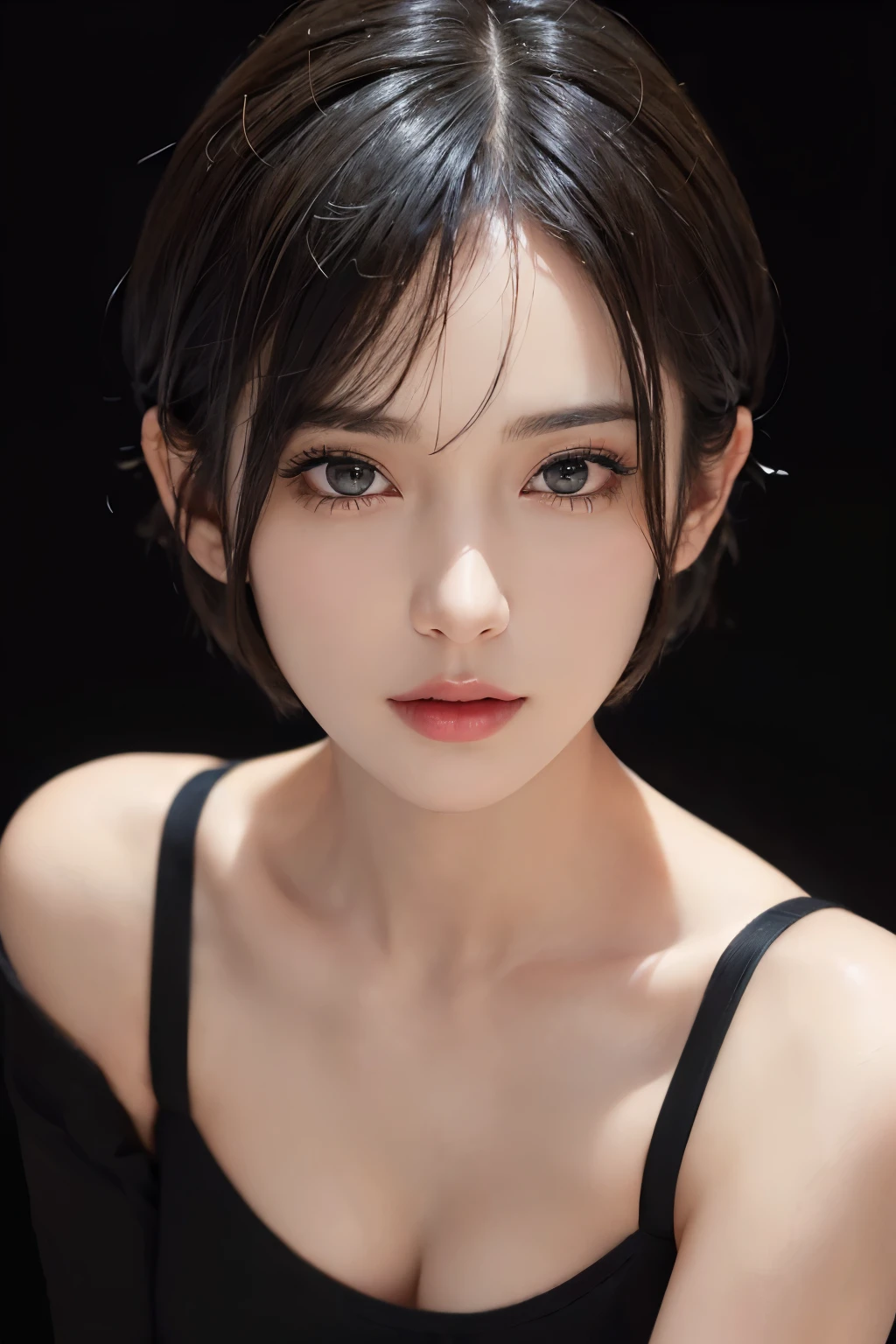 (masterpiece:1.3), (8k, lifelike, original photo, best quality: 1.4), (1 girl), pretty face, (realistic face), (black hair, short hair:1.3), beautiful hairstyle, realistic eyes, Beautiful and delicate eyes, (lifelike皮肤), beautiful skin, (sweater), ridiculous, attractive, ultra high resolution, Surreal, Very detailed, golden ratio