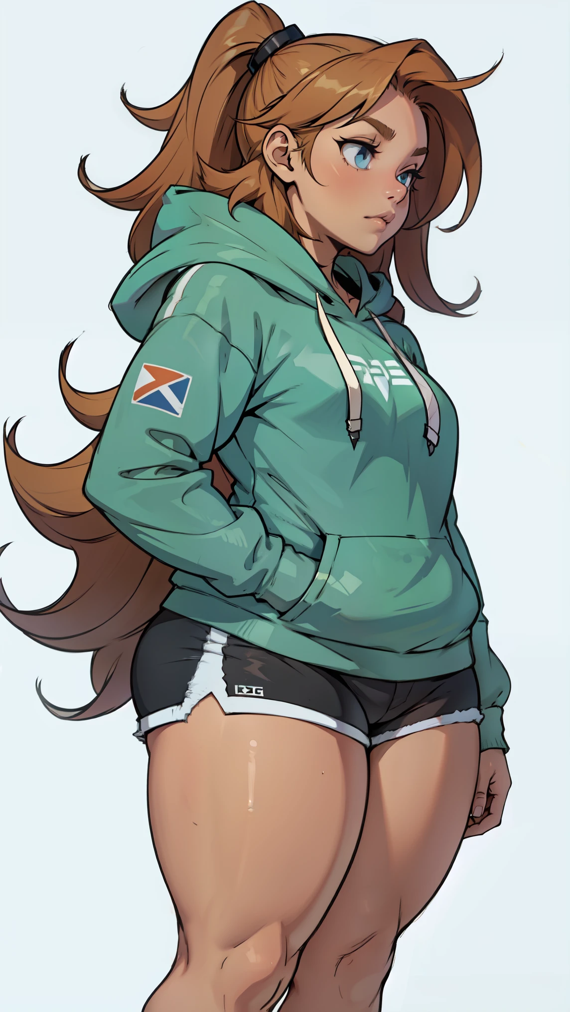 extremely long hair perfect anatomy 1 girl tall solo curvy ((small)) hoodie chubby body ((shorts)) 