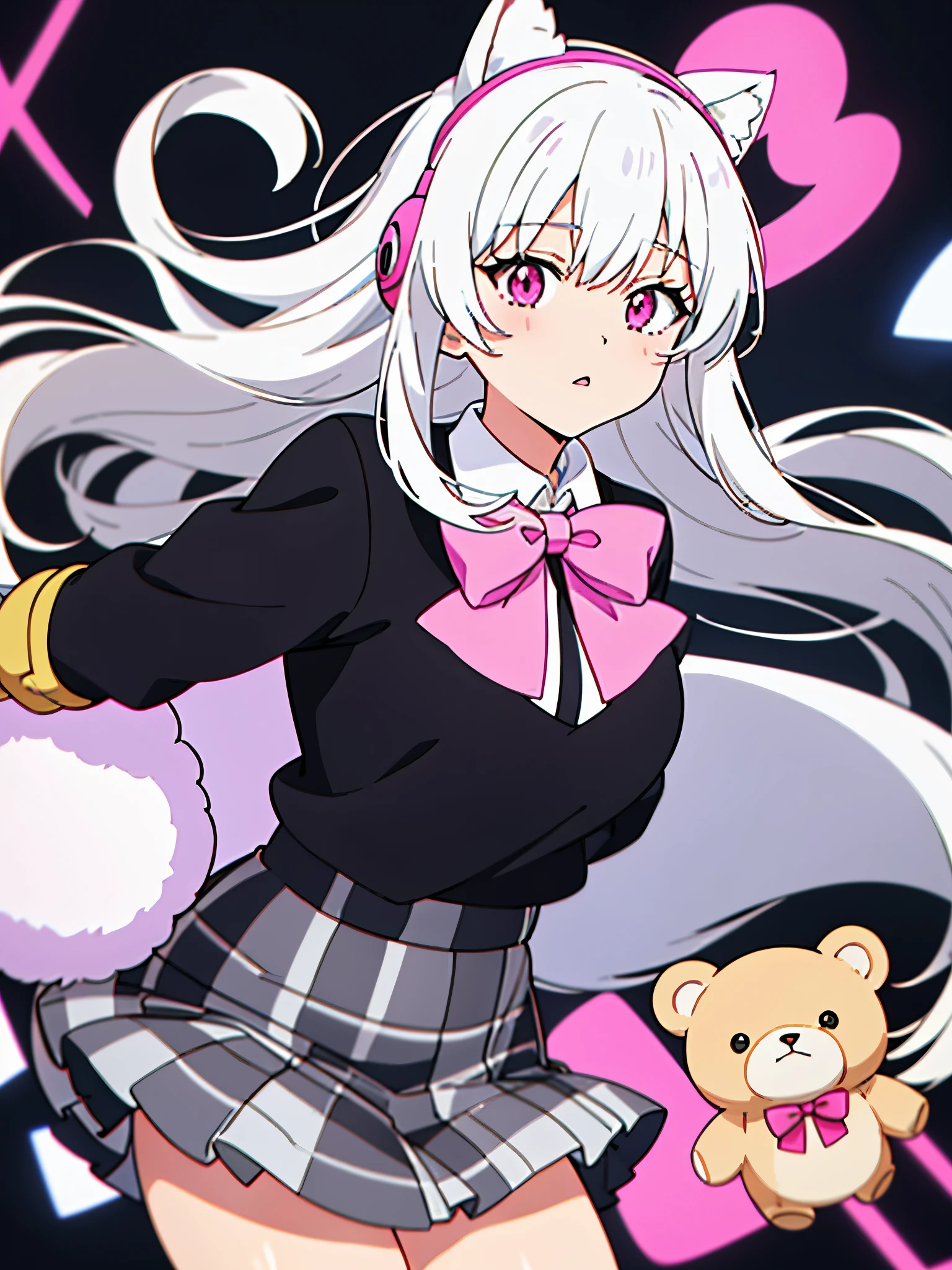 Anime girl with white hair, tan sweater, white collar w pink bowtie,  floating teddy bear on shoulder, fluffy cat earmuffs prop, black plaid skirt