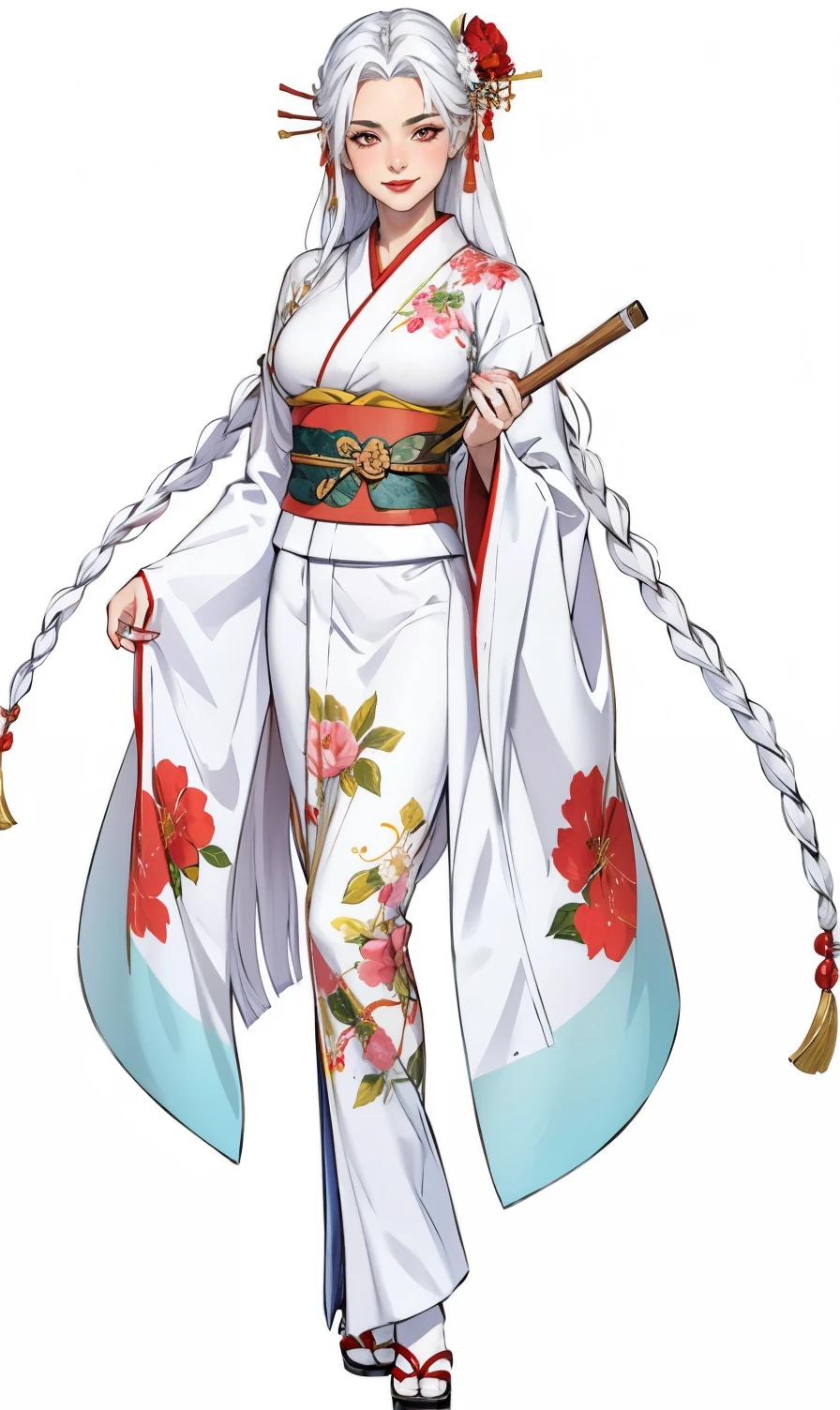 1girl, solo, japanese_clothes, long_hair, kimono, hand_fan, red_eyes, full_body, hair_ornament, makeup, downblouse, very_low_claveage_exposed_half_of_breasts, showing_half_Very_large_breast, transparent_background, very_long_hair, lipstick, hair_stick, holding, folding_fan, wide_sleeves, white_hair, flower, red_lips, sash, personification, standing, jewelry, hair_flower, holding_fan, hair_rings, obi, long_sleeves, white_kimono, (8k, Best Quality, Masterpiece:1.2), (Realistic, Photorealistic:1.37), Ultra Detail, 1 Girl,Cute,Solo,Beautiful Detailed Sky,Date,(Blush),(Smile:1.15),(Closed Mouth)Small Breasts,Beautiful Detailed Eyes,(Long Hair: 1.2),Floating Hair NovaFrogStyle, Upper Body