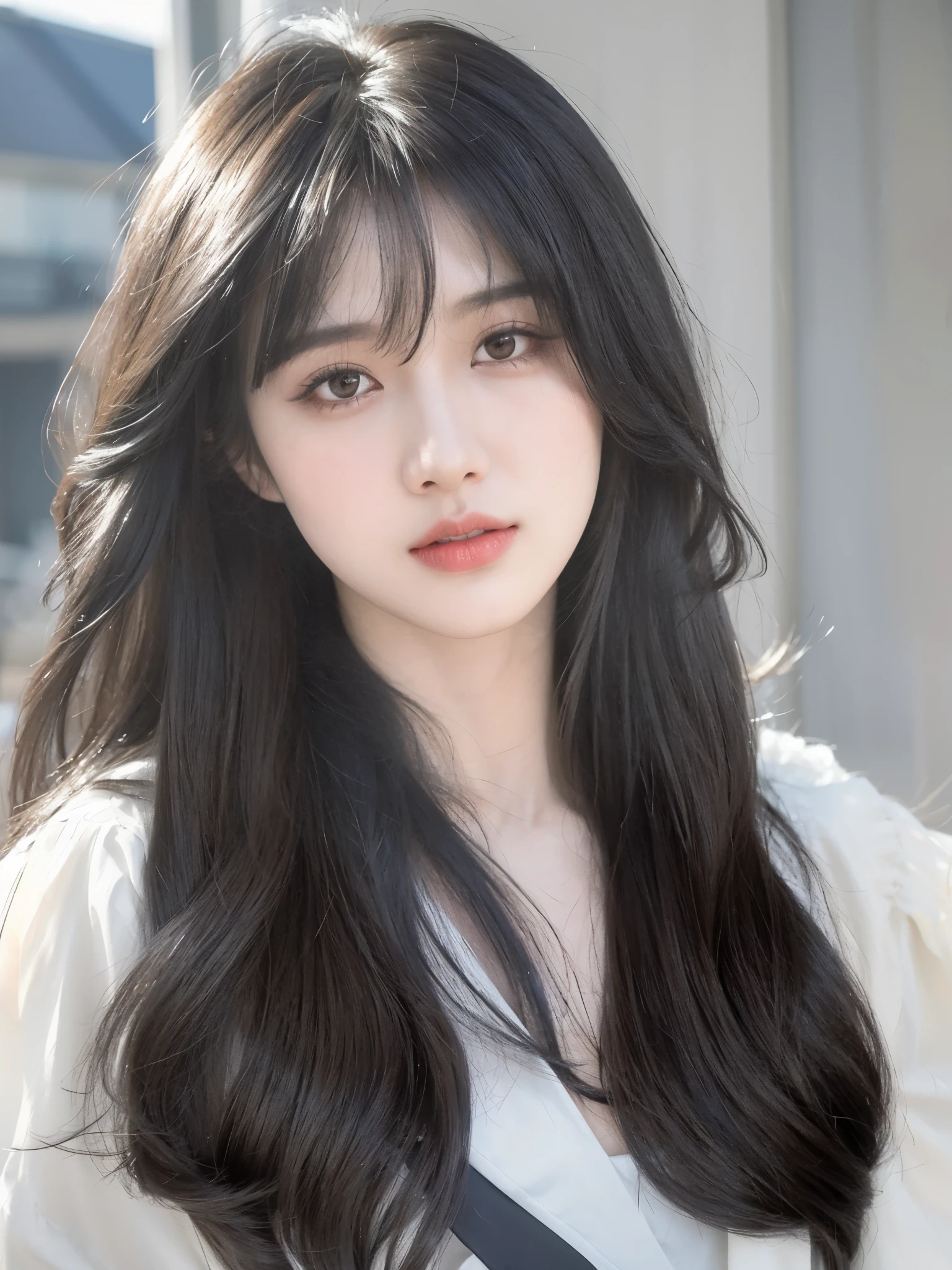 Asian woman with long black hair and white shirt, Portrait of Korean female idol, she has black hair,Have bangs, Have bangs的深色长发, beautiful korean woman, Urzan, beautiful portrait images, Kurohime cuts hair, long black hair,Have bangs, Beautiful anime portrait, Beautiful young Korean woman, Fluffy bangs, long hair with bangs,hair character background