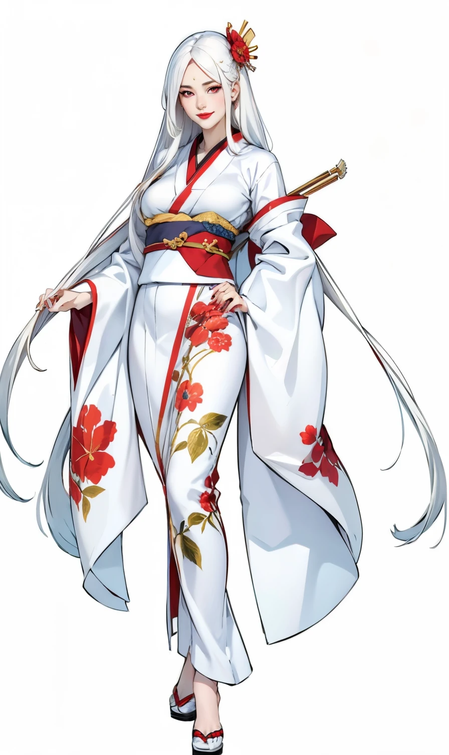 1girl, solo, japanese_clothes, long_hair, kimono, hand_fan, red_eyes, full_body, hair_ornament, makeup, downblouse, very_low_claveage_exposed_half_of_breasts, showing_half_Very_large_breast, transparent_background, very_long_hair, lipstick, hair_stick, holding, folding_fan, wide_sleeves, white_hair, flower, red_lips, sash, personification, standing, jewelry, hair_flower, holding_fan, hair_rings, obi, long_sleeves, white_kimono, (8k, Best Quality, Masterpiece:1.2), (Realistic, Photorealistic:1.37), Ultra Detail, 1 Girl,Cute,Solo,Beautiful Detailed Sky,Date,(Blush),(Smile:1.15),(Closed Mouth)Small Breasts,Beautiful Detailed Eyes,(Long Hair: 1.2),Floating Hair NovaFrogStyle, Upper Body