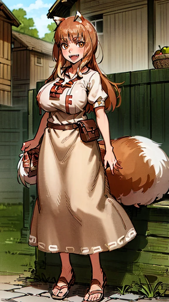 (holo:1.5), (holoBrownDress:1.5), masterpiece, best quality, absurdres, 1girl, looking at viewer, standing, cowboy shot, outdoors, medieval, cobblestone street, town, pouch, sash, smile, fruit, apple, basket,big breast, curvy, silver hair, white hair, full body, flipflops,open mouth smile, fangs,