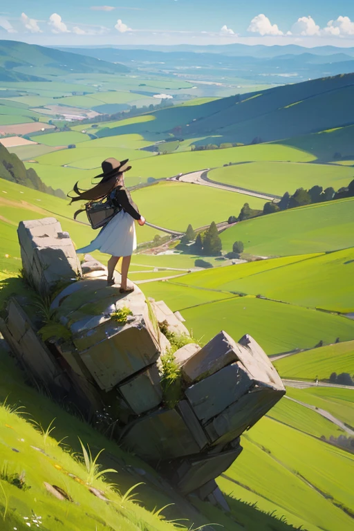 Full body figure of a woman on a hill overlooking a fantastic landscape