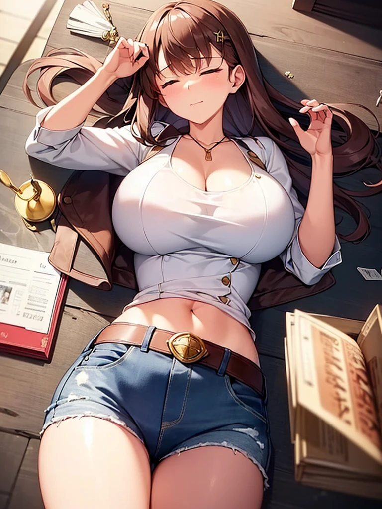 (lie on the ground on your back:1.3), was given anesthesia, syringes, ((raise your arms)), ((((From above)), ((Fully closed eyes:1.3)), ((Expressionless)), Looks good, 1 girl, ((white shirt)), huge breasts, naughty big breasts, ((long and thin legs)), ((thin waist)), cowboy shot, thighs, beret, denim shorts, Beautiful woman, cute face, Curvaceous, 