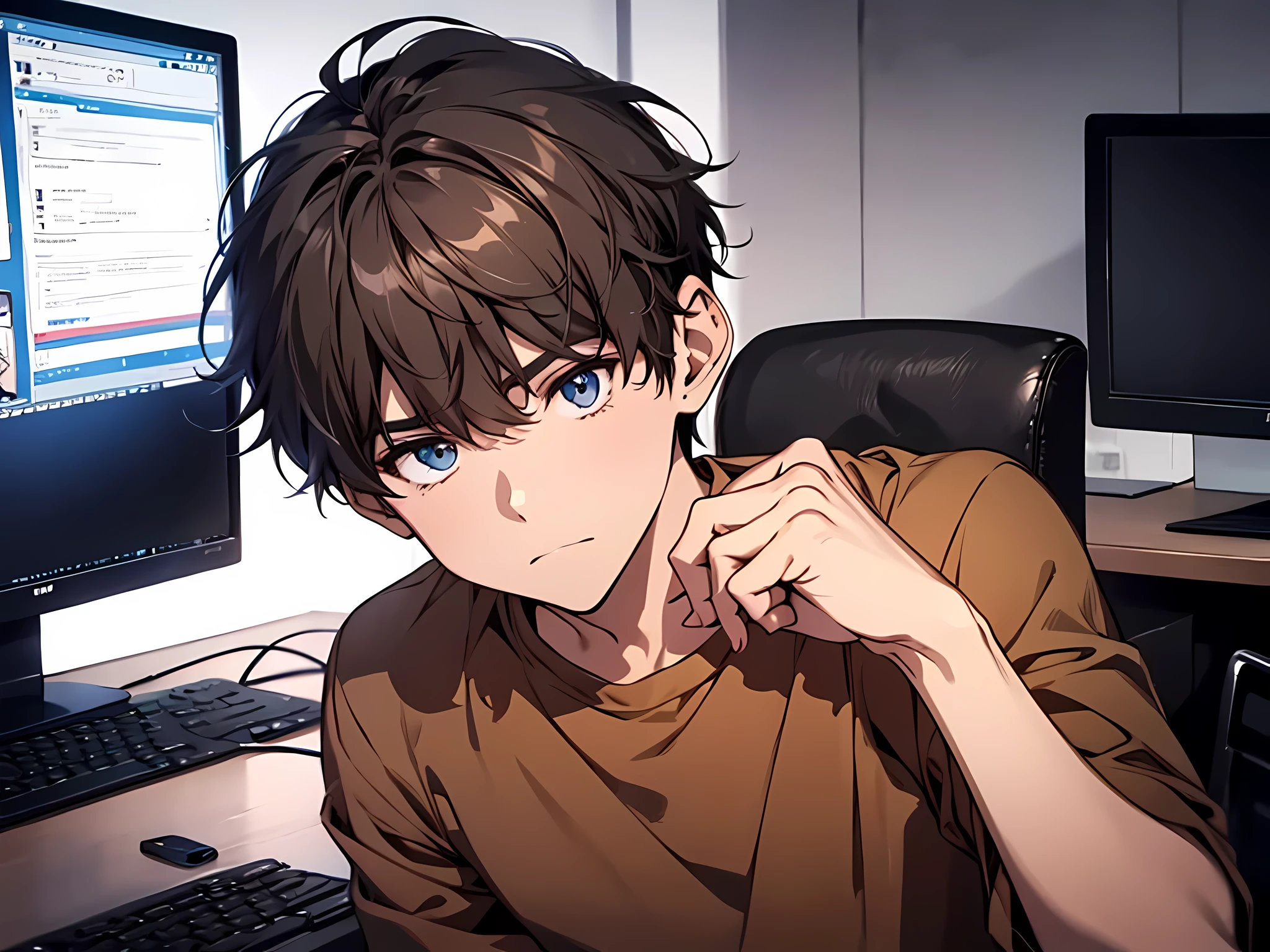 1 man, college student, wearing brown tshirt, sitting in front of his computer, confused face, dark grey hair, short hair, face to detail, detailed eyes, the background is in apartement