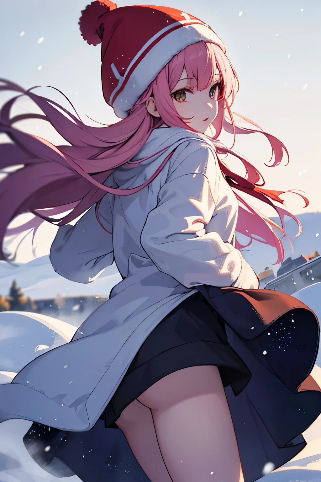 Zero two wearing cozy clothes and gorro, snow weather background, dynamics lights on back, beautiful, teen girl, view from front, 4k, wind effect 