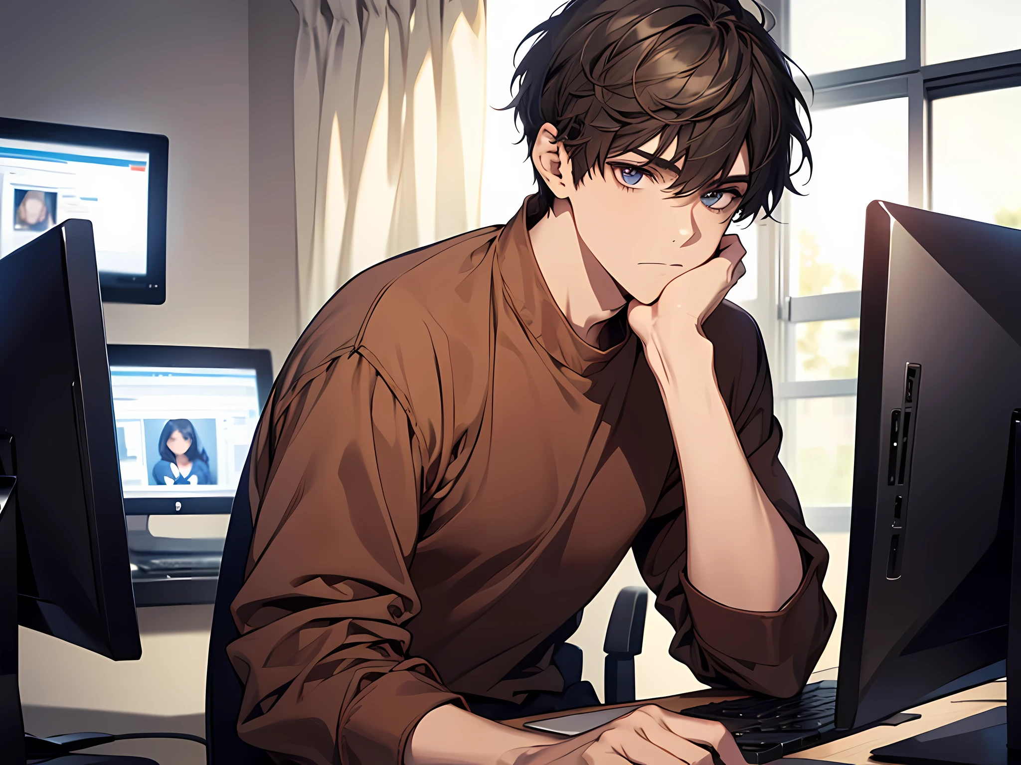 1 man, college student, wearing brown tshirt, sitting in front of his computer, confused face, dark grey hair, short hair, face to detail, detailed eyes, the background is in apartement