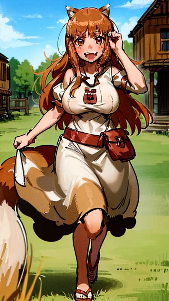 (holo:1.5), (holoBrownDress:1.5), masterpiece, best quality, absurdres, 1girl, looking at viewer, standing, cowboy shot, outdoors, medieval, cobblestone street, town, pouch, sash, smile, fruit, apple, basket,big breast, curvy, silver hair, white hair, full body, flipflops,open mouth smile, fangs,