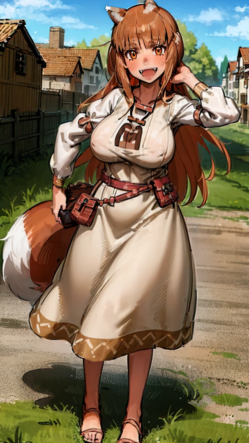 (holo:1.5), (holoBrownDress:1.5), masterpiece, best quality, absurdres, 1girl, looking at viewer, standing, cowboy shot, outdoors, medieval, cobblestone street, town, pouch, sash, smile, fruit, apple, basket,big breast, curvy, silver hair, white hair, full body, flipflops,open mouth smile, fangs,
