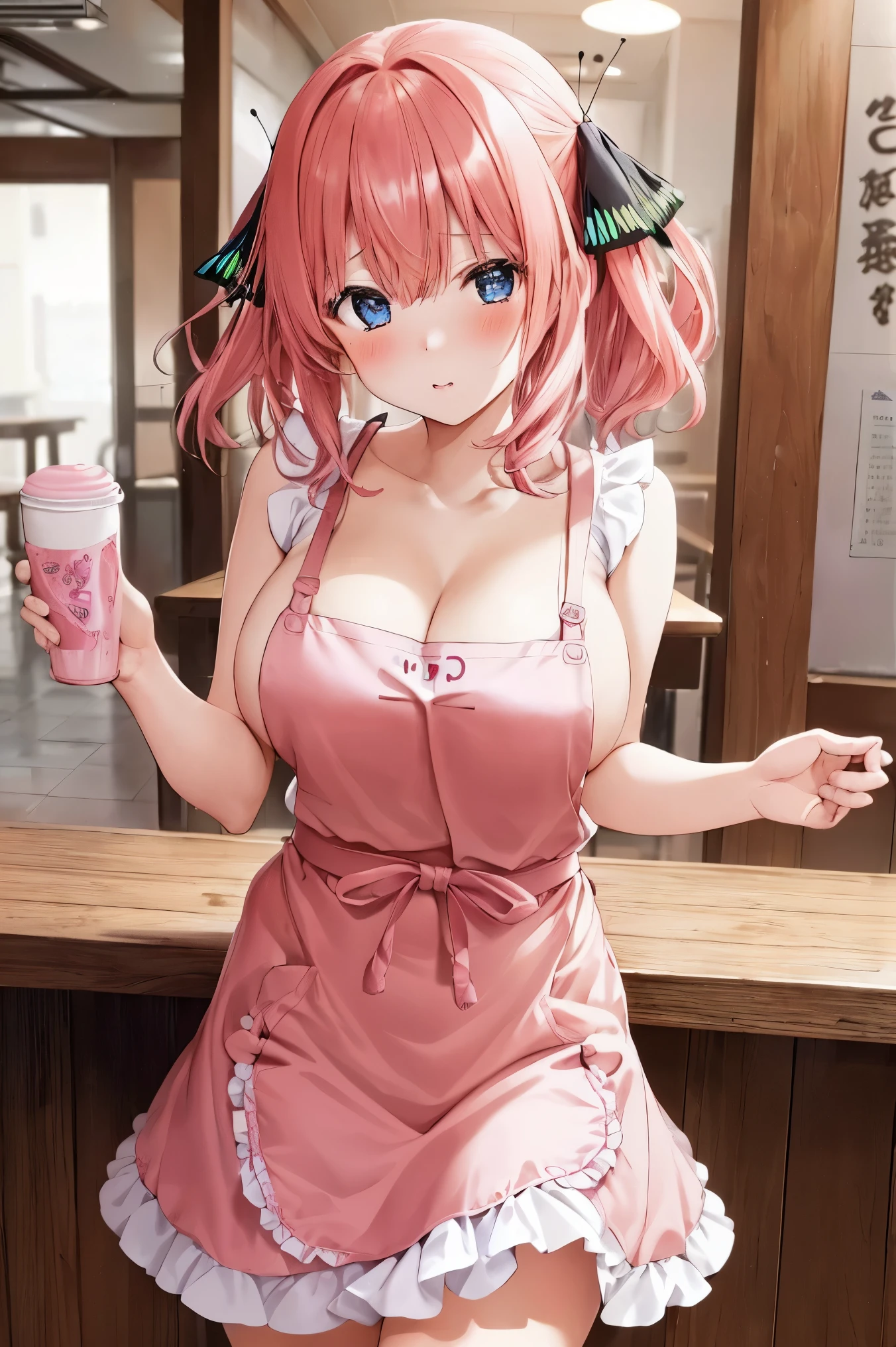 1girls, 独奏, Nakano Nino, Pink hair, butterfly hair ornament, (nuda:1.3), (White apron),, cleavage of the breast, thights, Cafe background, (blushful:1.3),sexy pose, one leg up on the table, subduction eyes , naked only apron, big