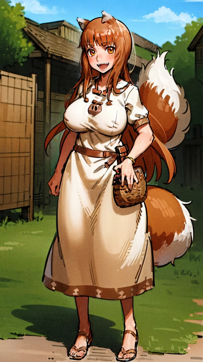 (holo:1.5), (holoBrownDress:1.5), masterpiece, best quality, absurdres, 1girl, looking at viewer, standing, cowboy shot, outdoors, medieval, cobblestone street, town, pouch, sash, smile, fruit, apple, basket,big breast, curvy, silver hair, white hair, full body, flipflops,open mouth smile, fangs,
