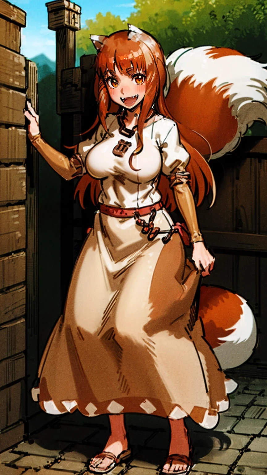 (holo:1.5), (holoBrownDress:1.5), masterpiece, best quality, absurdres, 1girl, looking at viewer, standing, cowboy shot, outdoors, medieval, cobblestone street, town, pouch, sash, smile, fruit, apple, basket,big , curvy, silver hair, white hair, full body, flipflops,open mouth smile, fangs,