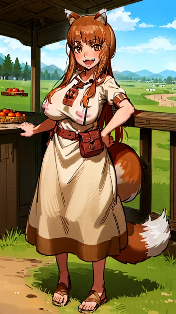 (holo:1.5), (holoBrownDress:1.5), masterpiece, best quality, absurdres, 1girl, looking at viewer, standing, cowboy shot, outdoors, medieval, cobblestone street, town, pouch, sash, smile, fruit, apple, basket,big breast, curvy, silver hair, white hair, full body, flipflops,open mouth smile, fangs,