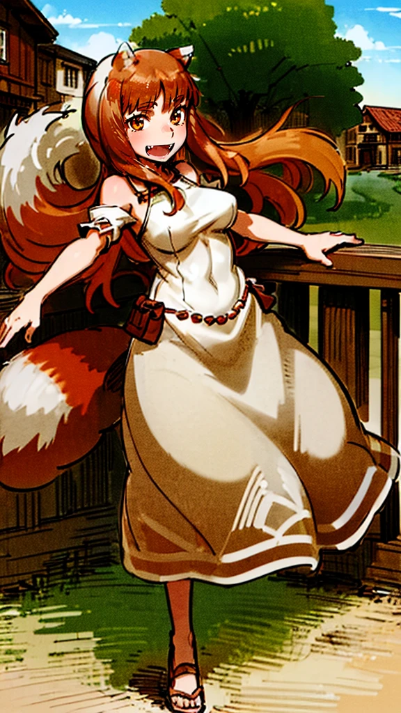 (holo:1.5), (holoBrownDress:1.5), masterpiece, best quality, absurdres, 1girl, looking at viewer, standing, cowboy shot, outdoors, medieval, cobblestone street, town, pouch, sash, smile, fruit, apple, basket,big breast, curvy, silver hair, white hair, full body, flipflops,open mouth smile, fangs,