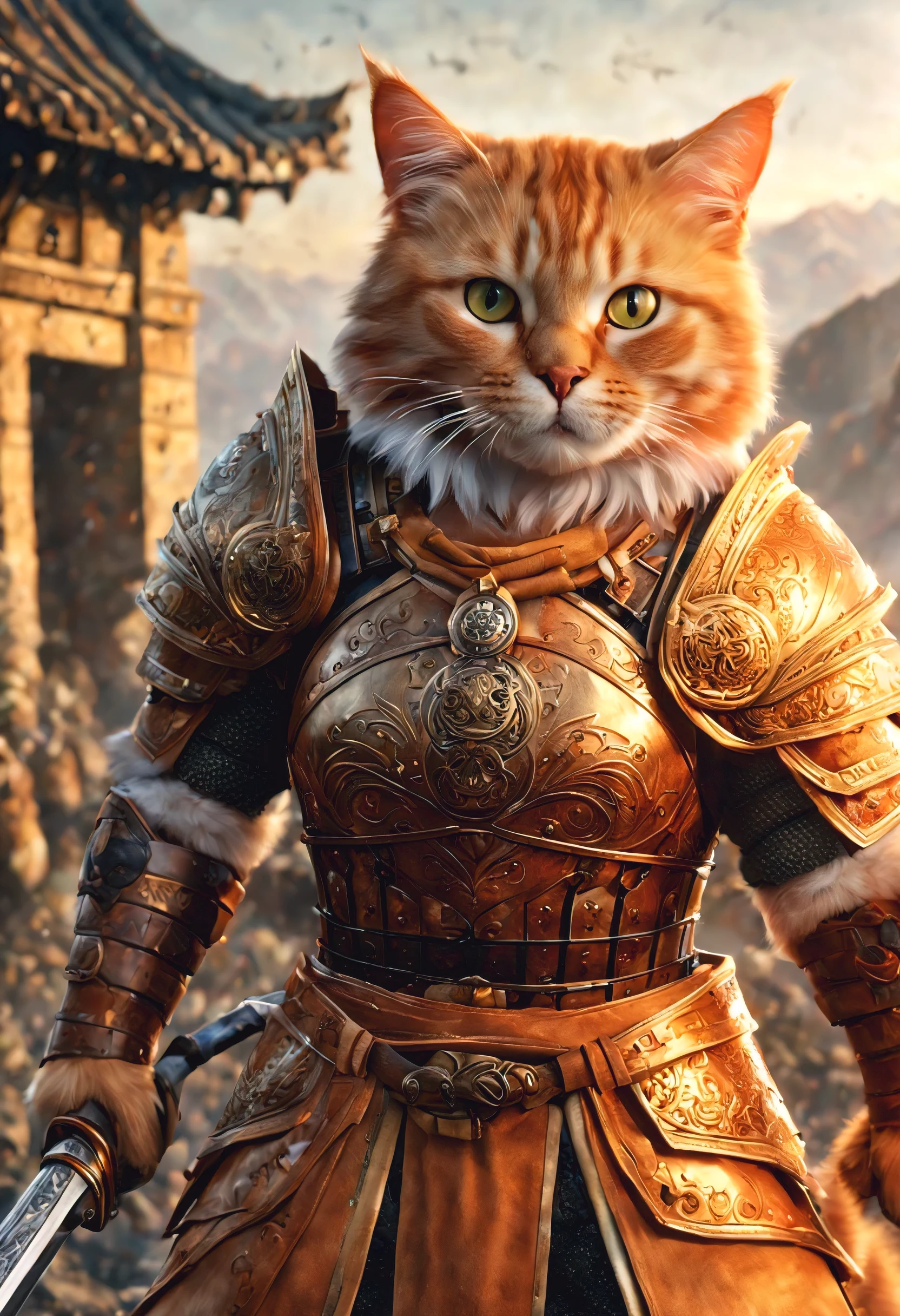 official art, unified 8k wallpaper, super detailed, Beautiful and beautiful, masterpiece, best quality, watching a film《lord of the ring》style of，Real scenes，Epic war scenes，(A fat orange tabby cat warrior:1.4)，(whole body:1.2), Put on exquisite armor，Holding a long sword，In battle，The Great Wall background，cool color，texture，Ray tracing，