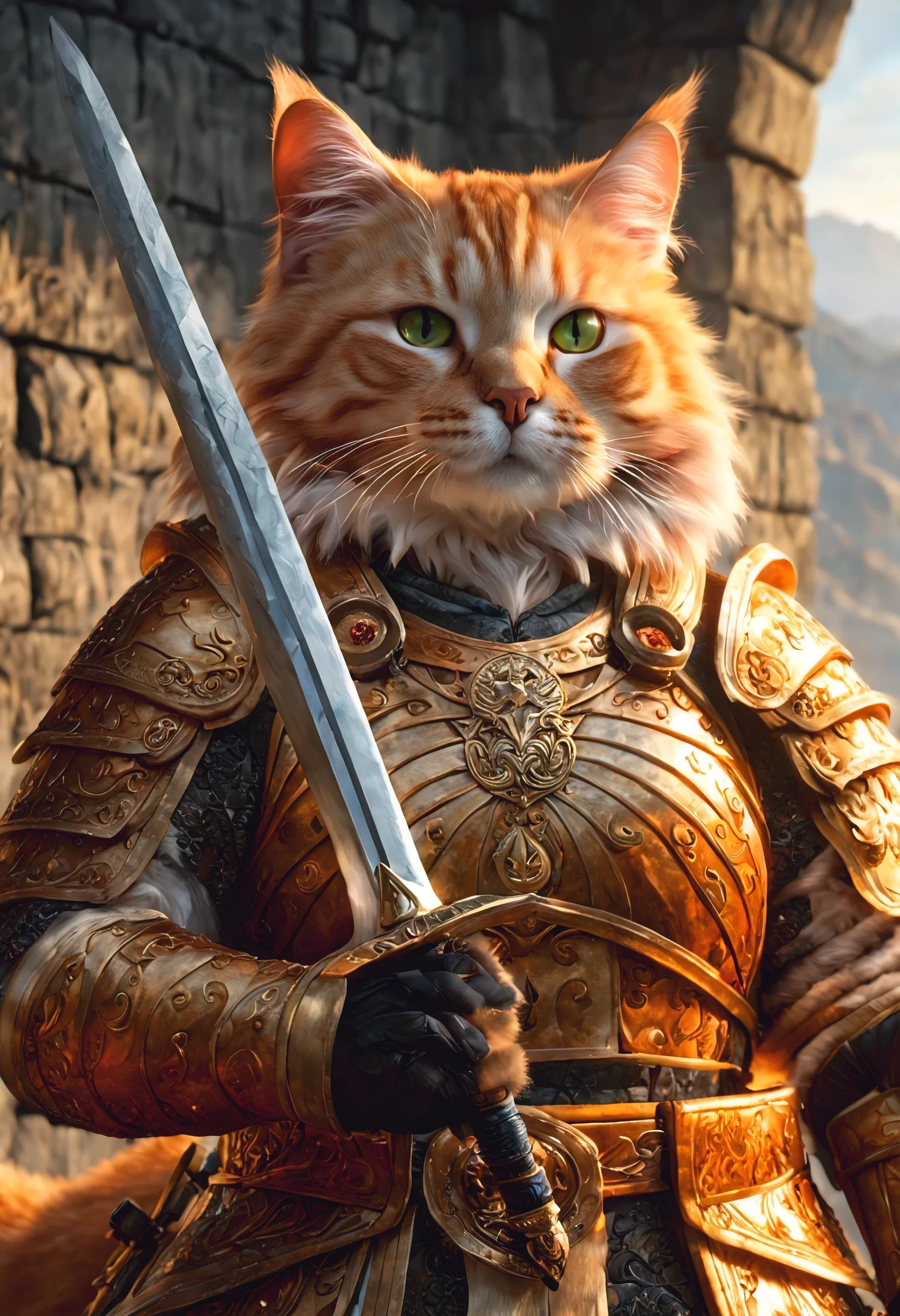 official art, unified 8k wallpaper, super detailed, Beautiful and beautiful, masterpiece, best quality, watching a film《lord of the ring》style of，Real scenes，Epic war scenes，(A fat orange tabby cat warrior:1.4)，(whole body:1.2), Put on exquisite armor，Holding a long sword，In battle，The Great Wall background，cool color，texture，Ray tracing，