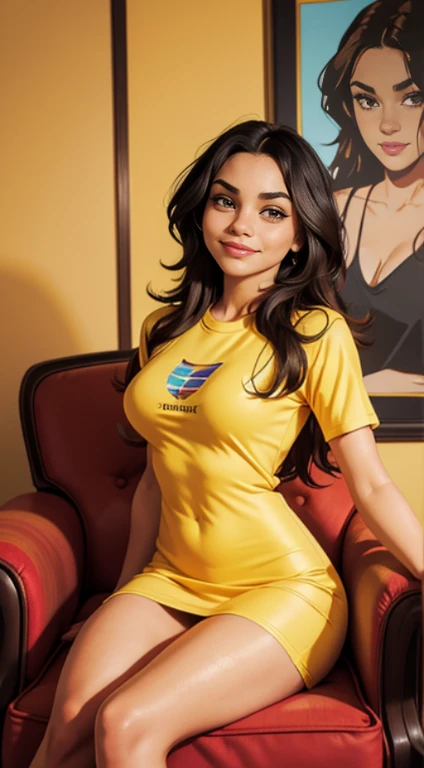 Foto hiperrealista en primer plano de Vanessa Hudgens  wear yellow t-shirt dress, siting on the armchair, beautiful legs, sexy pose, hotel hall, beautiful woman, skinny, large big breasts, black long hair, detailed face, smile, facing the camera, photo taken from a distance, age of 25 years old