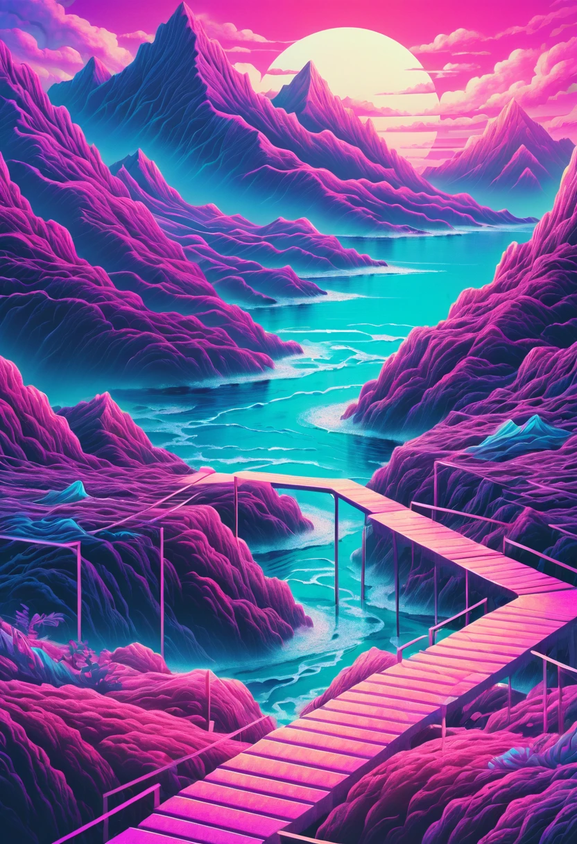 Vaporwave aesthetic pastel drawing, random directions theme, double exposure technique crossroads, different paths, mountains, sea. hyper-detailed intertwining elements, dramatic lighting casting volumetric shadows adding mystery, high-contrast luminosity for a nostalgic feel, digital painting, 32K ultra-resolution.Vaporwave aesthetic