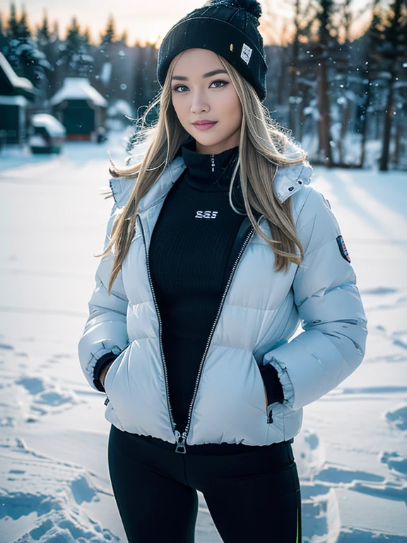 8k, masterpiece, RAW photo, best quality, photorealistic, extremely detailed CG unity 8k wallpaper, Depth of field, Cinematic Light, Lens Flare, Ray tracing,Create a Winter Sporty Elegance Session: ultra realistic Model: - Appearance: (extremely beautiful face, beautiful lips, beautiful eyes), intricate detail face, (( ultra detailed skin)), in the dark, deep shadow, pretty girl, brown hair,kpop idol, 1 girl, (very slim slender fit-muscled body:1.3), ((looking at viewer)),(big smile:1 ) , radiating a combination of sporty vitality and winter elegance, with subtle winter-themed makeup. - Outfit: High-performance winter sportswear ensemble – insulated leggings, a sleek thermal top, and a fitted winter jacket. Add stylish winter accessories like a pom-pom beanie and insulated gloves. Location in Frame: - Setting: A scenic snow-covered mountain resort or a winter sports park with snowboarding or skiing facilities, capturing the dynamic energy of winter sports. - Position: The model confidently engaged in winter sports activities, whether it's skiing down a slope or striking a pose with snow-covered equipment, expressing both athleticism and self-assured grace. Details: - Background: Snow-covered slopes and winter landscapes, providing a stunning backdrop for the sporty elegance theme. - Lighting: Utilize natural winter daylight or the soft glow of the snow for a crisp and vibrant atmosphere. - Atmosphere: Action shots capturing the model's athleticism and elegance, conveying a harmonious blend of winter sports and confidence. Each photo is to be generated in the same clothes.