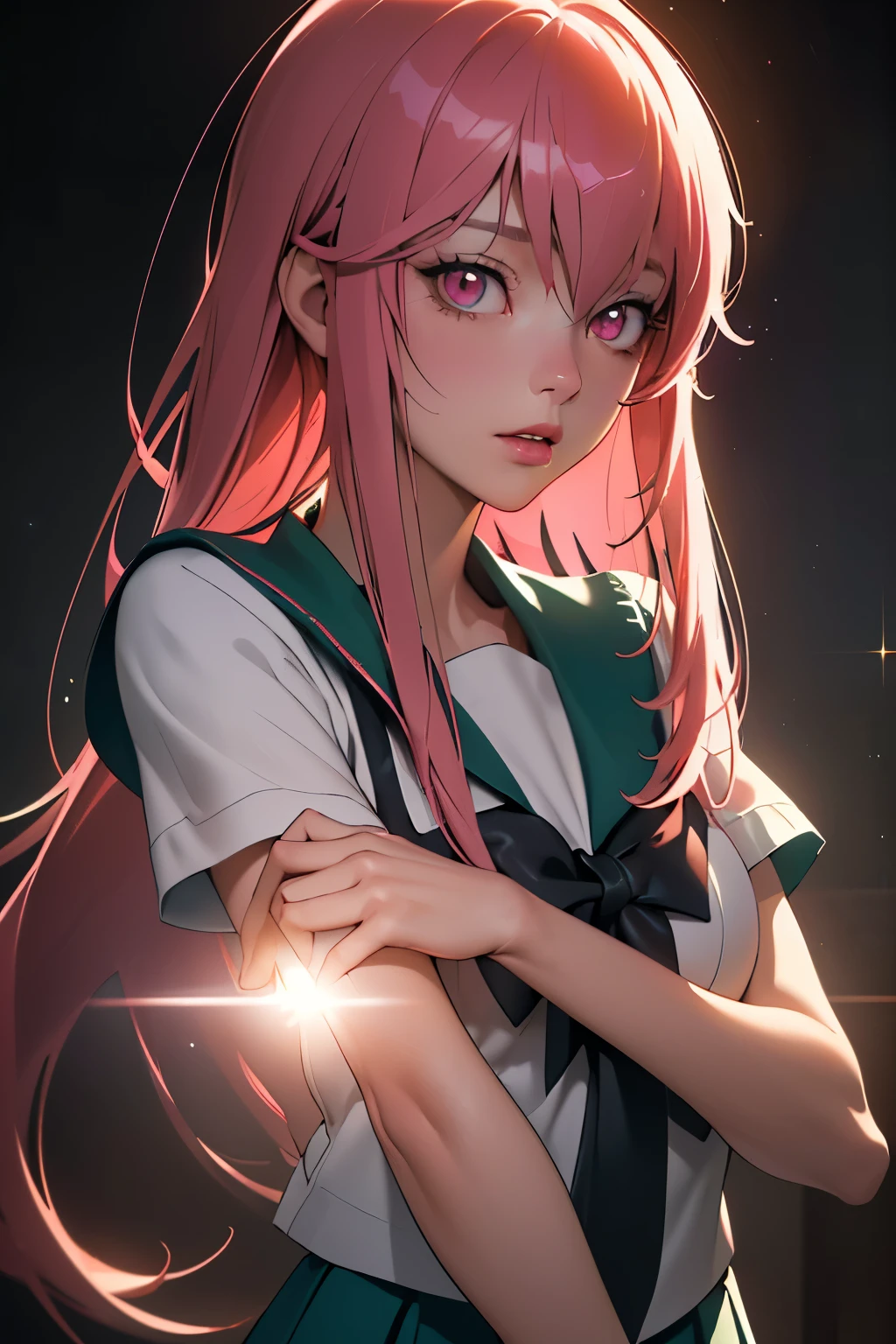 (((1girl))), (((Waifu, Mirai Nikki, Yuno Gasai Waifu))), (((Hot Pink Hair, Long Hair))), ((Blood Red Eyes eyes:1.3, Upturned Eyes: 1, Perfect Eyes, Beautiful Detailed Eyes, Gradient eyes: 1, Finely Detailed Beautiful Eyes: 1, Symmetrical Eyes: 1, Big Highlight On Eyes: 1.2)), (((Lustrous Skin: 1.5, Bright Skin: 1.5, Skin Fair, Shiny Skin, Very Shiny Skin, Shiny Body, Plastic Glitter Skin, Exaggerated Shiny Skin, Illuminated Skin))), (Detailed Body, (Detailed Face)), (Best Quality), (((School Uniform, Green Sailor Seifuku, Bloodstained))), Yandere, High Resolution, Sharp Focus, Ultra Detailed, Extremely Detailed, Extremely High Quality Artwork, (Realistic, Photorealistic: 1.37), 8k_Wallpaper, (Extremely Detailed CG 8k), (Very Fine 8K CG), ((Hyper Super Ultra Detailed Perfect Piece)), (((Flawless Masterpiece))), Illustration, Vibrant Colors, (Intricate), High Contrast, Selective Lighting, Double Exposure, HDR (High Dynamic Range), Post-processing, Background Blur, Inky Shadows, Darker Shadows, Thick Shadows, High Quality Shadows, high detail, realistic, Cinematic Light, sidelighting, Lens Flare, Ray tracing, sharp focus,