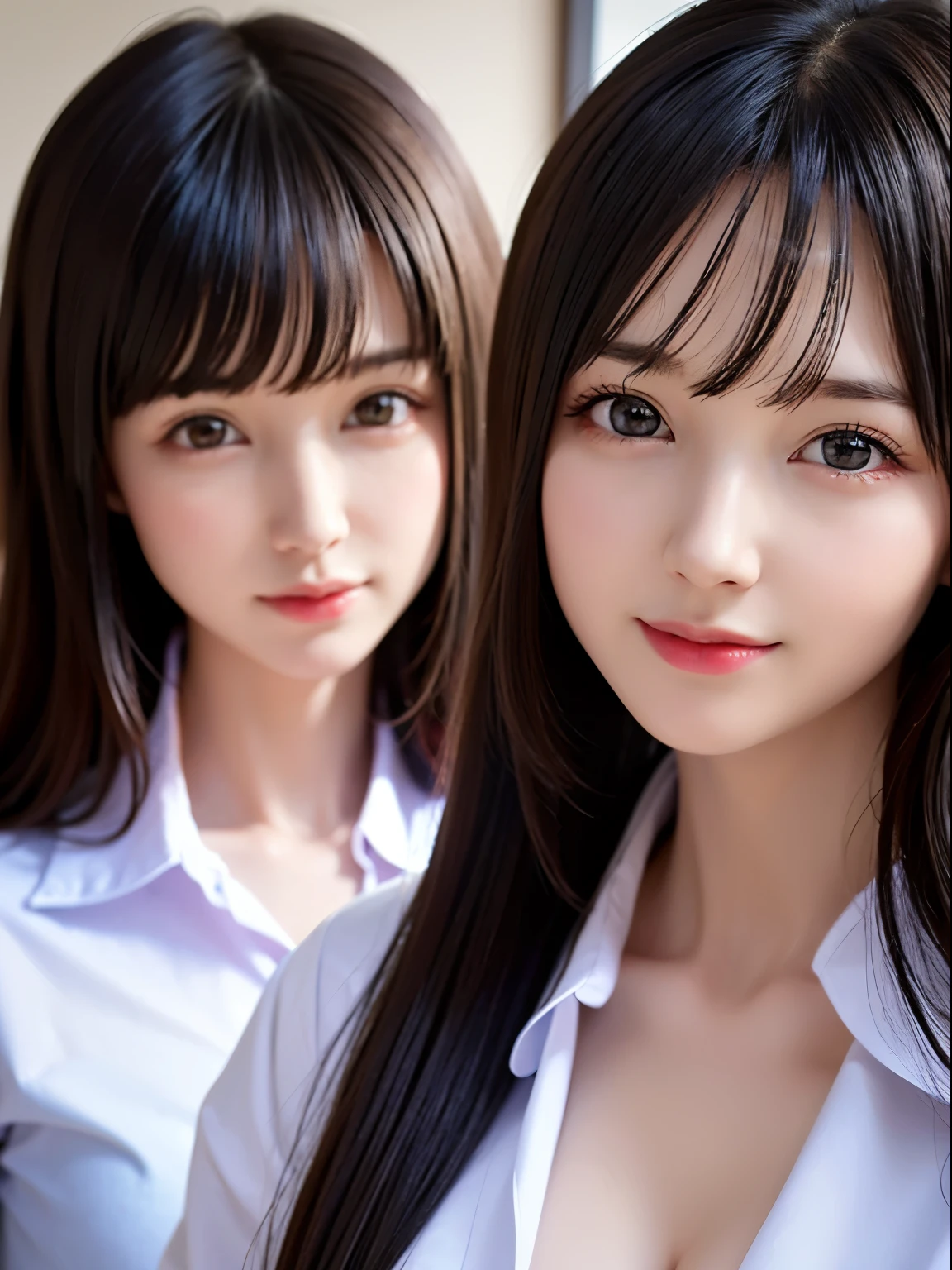 2 young girls, Beautiful girl of the highest grade, Super beautiful detailed face, (Beautiful breasts), (High School Uniform), bared  chest, (Details of a very beautiful face), (Best Quality:1.4), 8K resolution, High resolution, (Photorealistic, High resolution:1.4), Raw photo, (Realistic, Photorealsitic:1.37), Gloss on lips, Long hair, Parted lips, Staring at me, School, crass room,