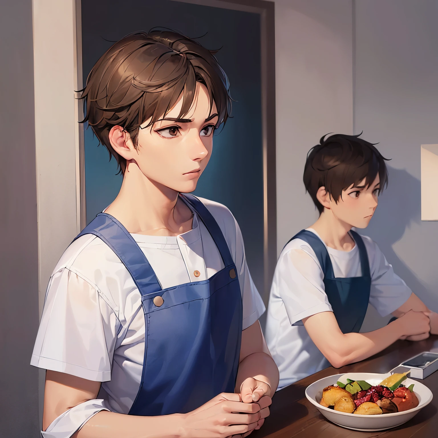 (looking away:1.5), masterpiece、high quality、(25 year old man with short brown hair and brown eyes:1.5)、white t-shirt、(Wearing a blue apron:1.5)、displeased look, The background is an office、Alone、bold composition