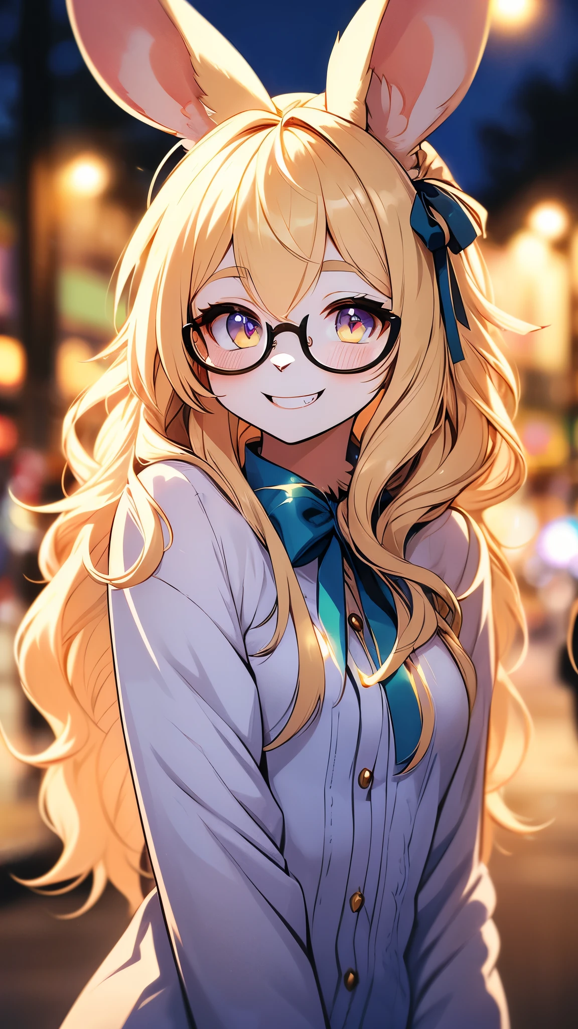 rabbit furry girl,gold hair,glasses,nude,naked,shiny skin, looking at viewer,ultra light and shadow,park,night,grin,all face blush,ribbon hairpin,upper body