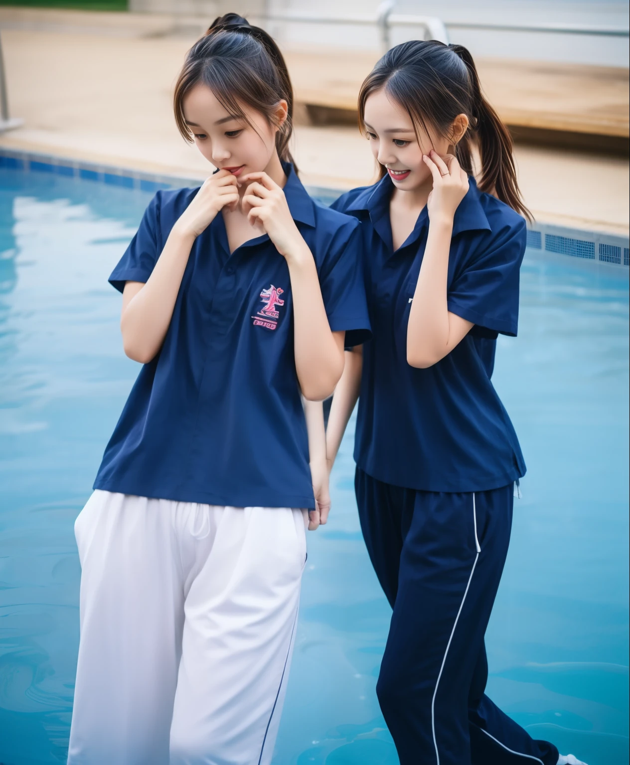 3 girls in the swimming pool, Navy blue short-sleeved shirt,Navy Long Trackpant,Sweatpants, Sweatpantsขายาว,25 year old girl, lesbian, sexy, exercise clothes, wet body, exercise clothes